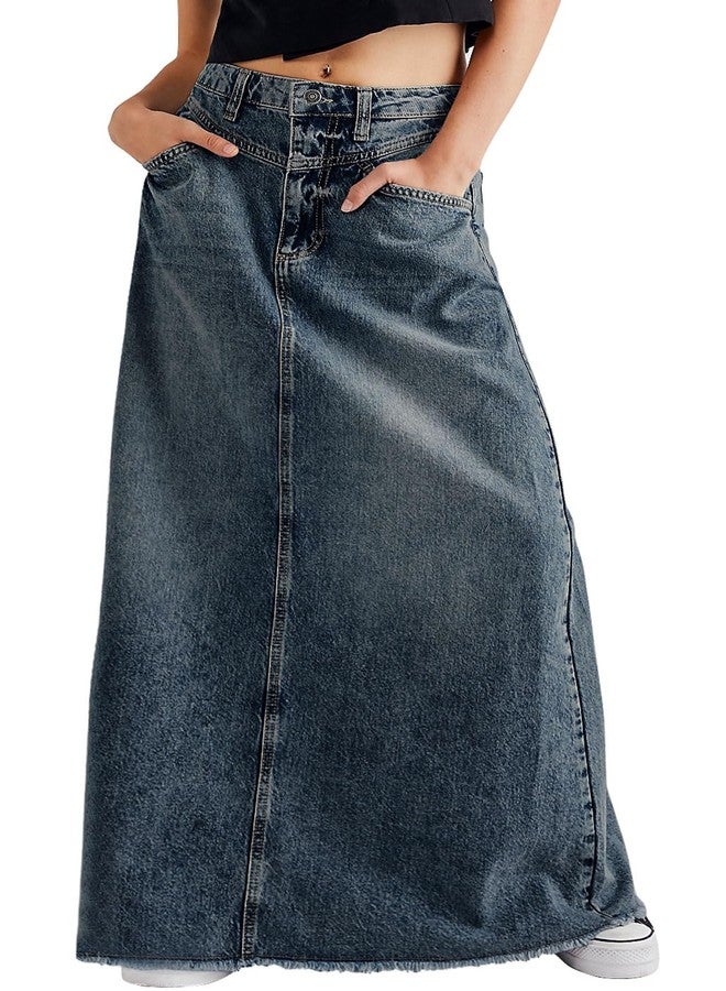 CHARTOU Women Vintage Denim Maxi Skirt Frayed Raw Hem High Waist A-Line Long Jean Skirt (Large, Blue) - Image 1